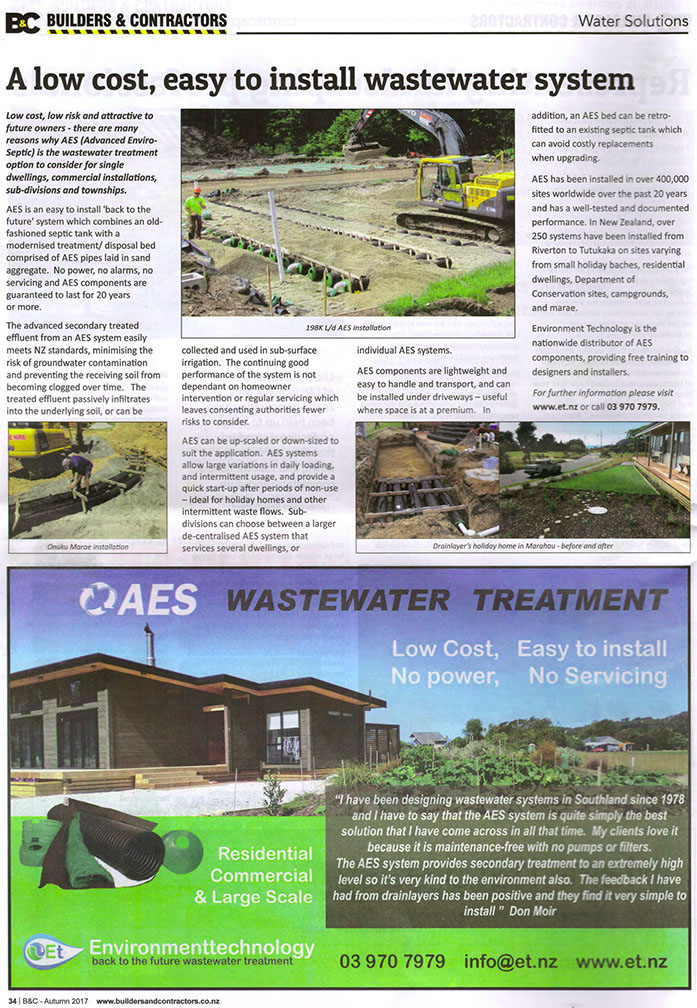 article in Builders and Contractors Article Autumn 2017 on AES wastewater treatment system